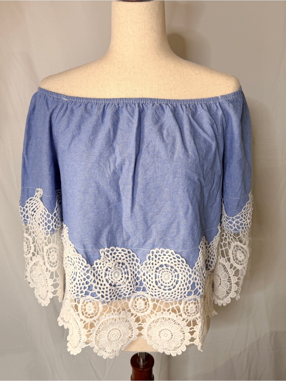Off-Shoulder Blue Top with White Crochet Trim peasant whimsy cottage core,‎ boho